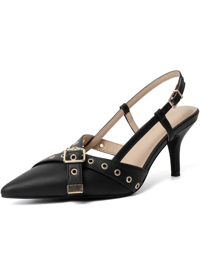 Mostrin Slingback Kitten Heels for Women Studded Heeled Pumps Pointed Closed Toe Heels Vintage Stiletto Pumps Shoes, Black, 8 - Image 1