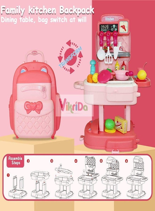 Vikrida Play Kitchen, Pretend Play House Kitchen Backpack, Toy Backpack 2 in 1, 34pcs Simulation Props, Removable and Easy to Store, Including Faucet with Running Water, Gift for Boys & Girls (Pink) - Image 2