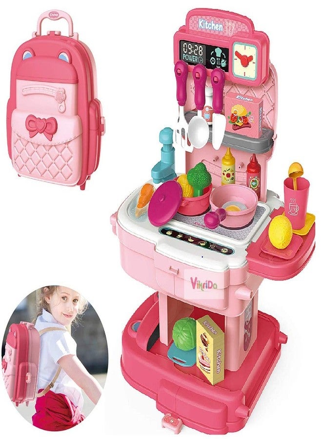 Vikrida Play Kitchen, Pretend Play House Kitchen Backpack, Toy Backpack 2 in 1, 34pcs Simulation Props, Removable and Easy to Store, Including Faucet with Running Water, Gift for Boys & Girls (Pink) - Image 1