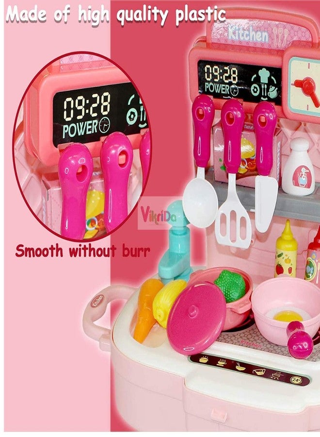 Vikrida Play Kitchen, Pretend Play House Kitchen Backpack, Toy Backpack 2 in 1, 34pcs Simulation Props, Removable and Easy to Store, Including Faucet with Running Water, Gift for Boys & Girls (Pink) - Image 3