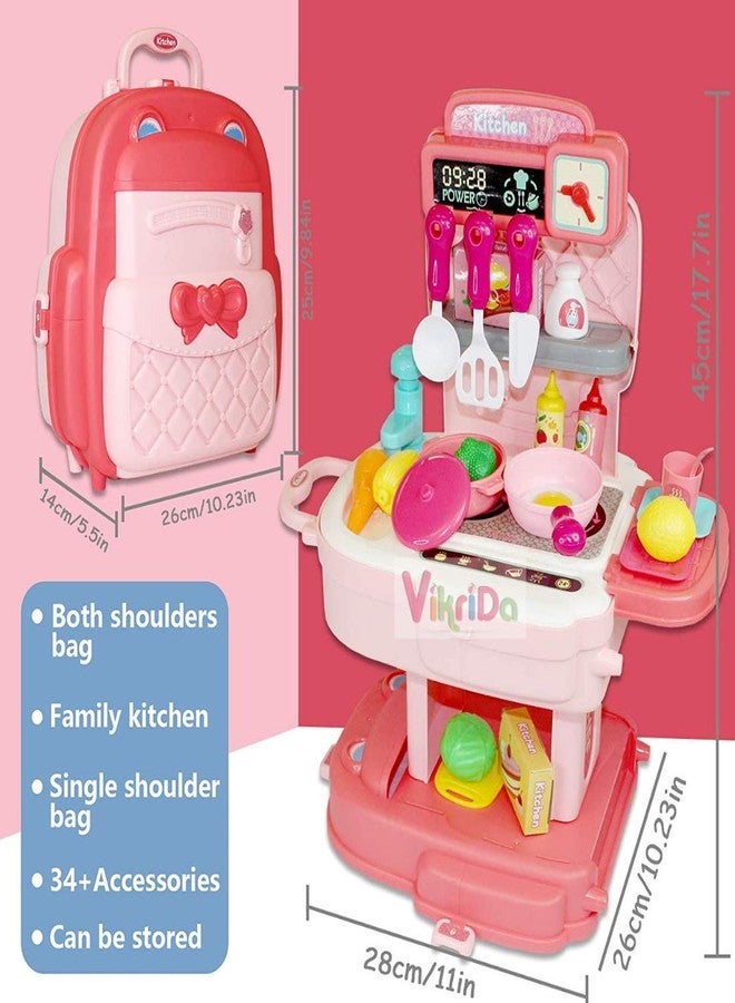 Vikrida Play Kitchen, Pretend Play House Kitchen Backpack, Toy Backpack 2 in 1, 34pcs Simulation Props, Removable and Easy to Store, Including Faucet with Running Water, Gift for Boys & Girls (Pink) - Image 4
