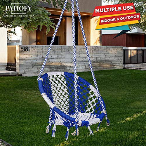 Patiofy Swing for Adults/Jhula - Wooden Swing for Living Room, Balcony, Home - Cotton Round Hammock Hanging Swing With Kit (White-Blue) - 66 Cm, 148 Cm - Image 2