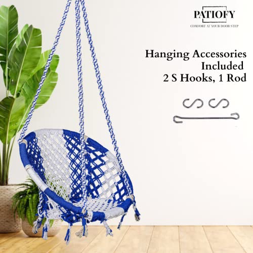 Patiofy Swing for Adults/Jhula - Wooden Swing for Living Room, Balcony, Home - Cotton Round Hammock Hanging Swing With Kit (White-Blue) - 66 Cm, 148 Cm - Image 3