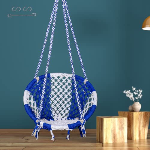 Patiofy Swing for Adults/Jhula - Wooden Swing for Living Room, Balcony, Home - Cotton Round Hammock Hanging Swing With Kit (White-Blue) - 66 Cm, 148 Cm - Image 1
