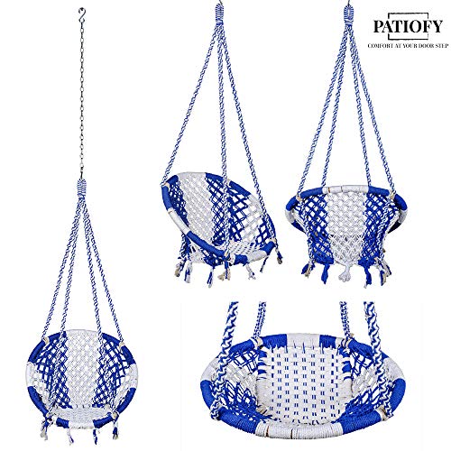 Patiofy Swing for Adults/Jhula - Wooden Swing for Living Room, Balcony, Home - Cotton Round Hammock Hanging Swing With Kit (White-Blue) - 66 Cm, 148 Cm - Image 5