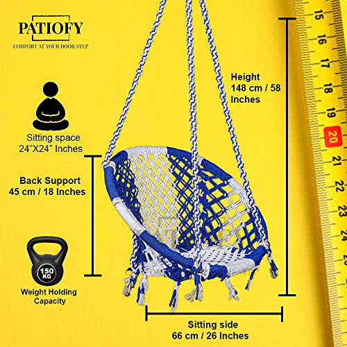 Patiofy Swing for Adults/Jhula - Wooden Swing for Living Room, Balcony, Home - Cotton Round Hammock Hanging Swing With Kit (White-Blue) - 66 Cm, 148 Cm - Image 4