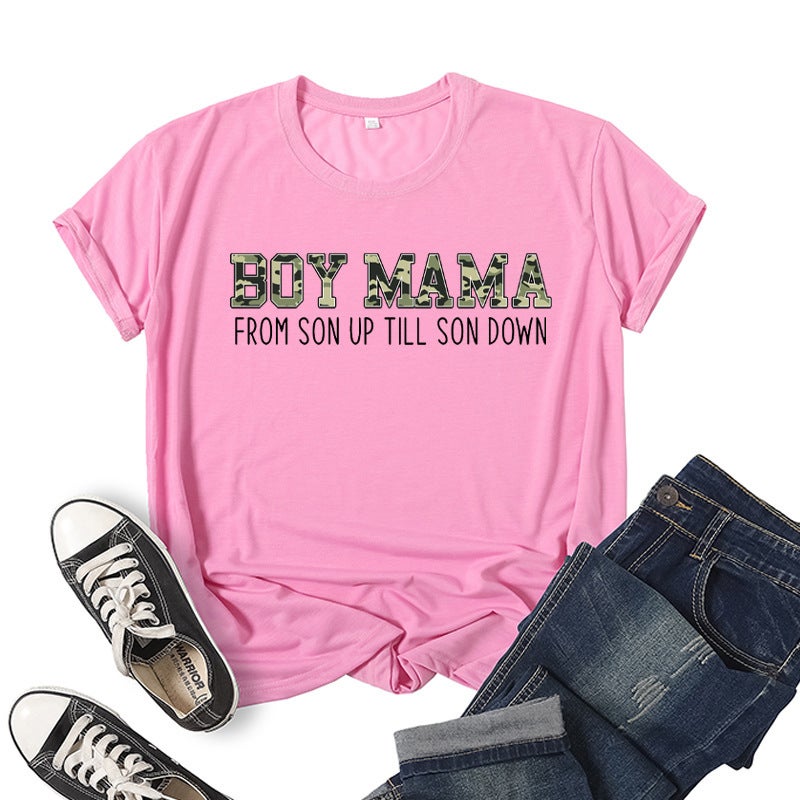 Boys mother Boy Mama printed short sleeve T-shirt European and American mens and womens jacket summer loose wholesale foreign trade cross-border Pink