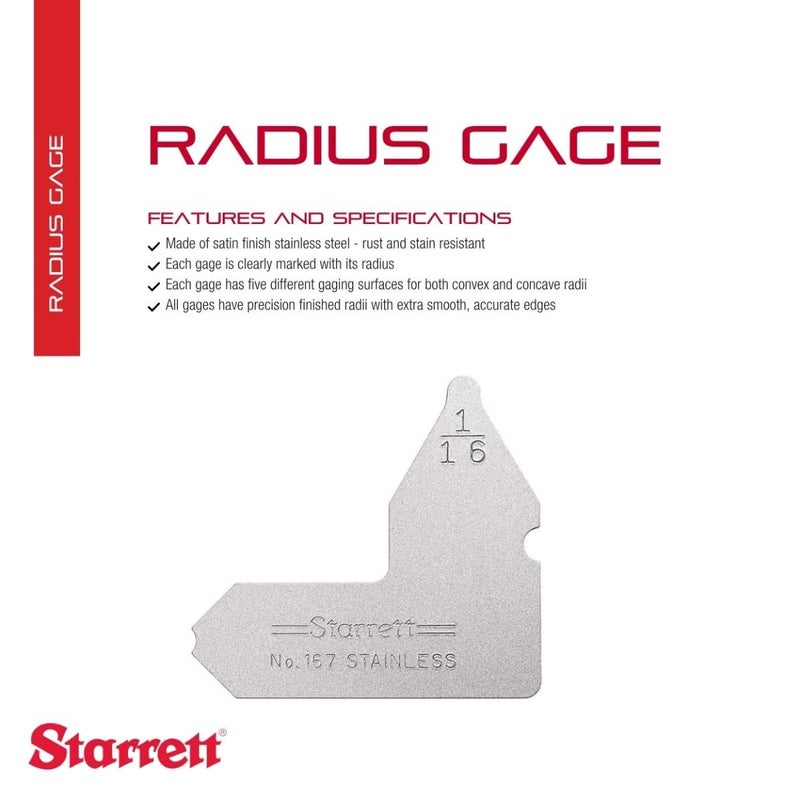 Starrett Individual Radius Gage for Both Convex and Concave Radii - Ideal for Carpenters and Constructions - Stainless Steel, 1/16" Radius Gage, Inch Reading - 167-1/16 - Image 2