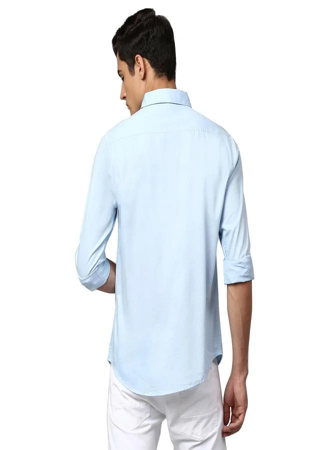 دينيس لينغو Slim Fit Sky Blue Men's Solid Shirt, Spread Collar, Full Sleeves, 100% Cotton