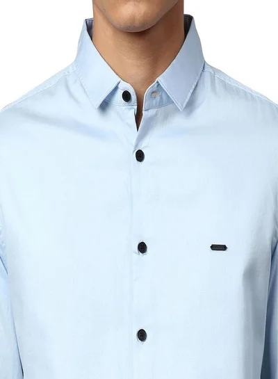 Dennis Lingo Slim Fit Sky Blue Men's Solid Shirt, Spread Collar, Full Sleeves, 100% Cotton