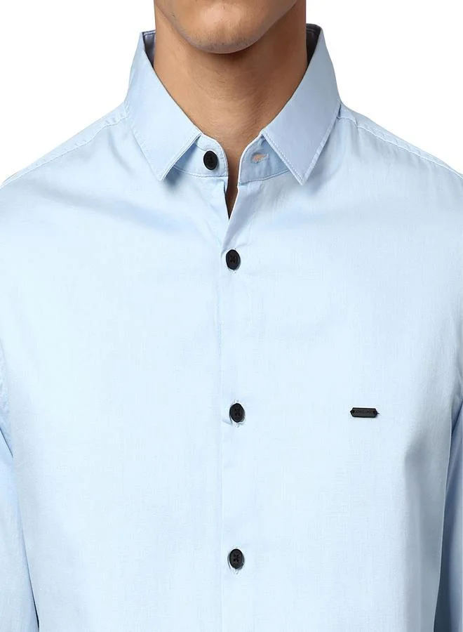 دينيس لينغو Slim Fit Sky Blue Men's Solid Shirt, Spread Collar, Full Sleeves, 100% Cotton
