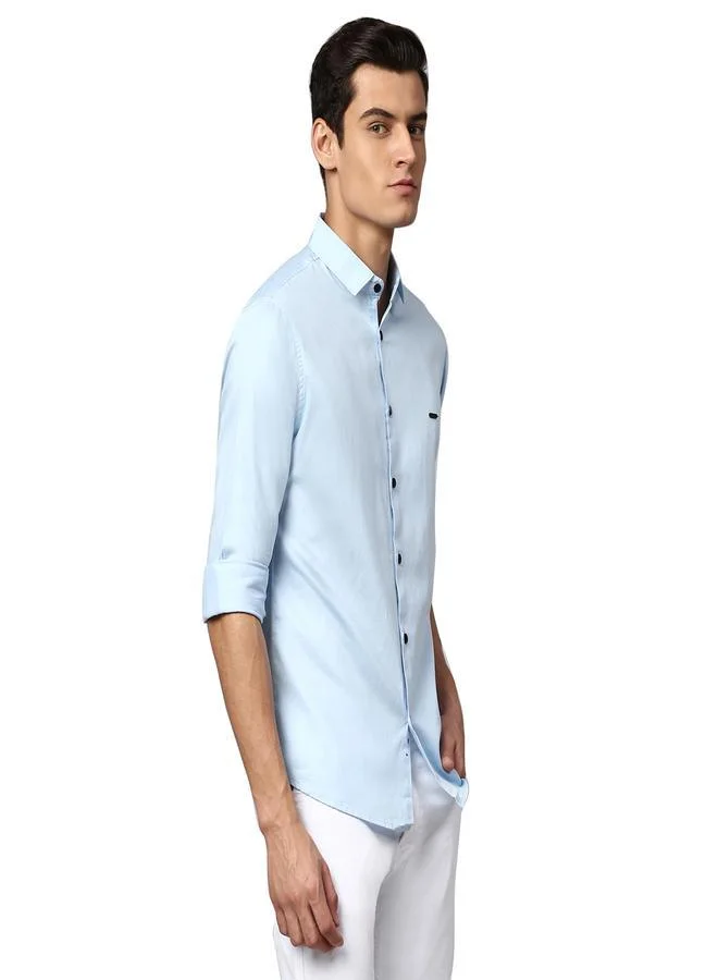 دينيس لينغو Slim Fit Sky Blue Men's Solid Shirt, Spread Collar, Full Sleeves, 100% Cotton