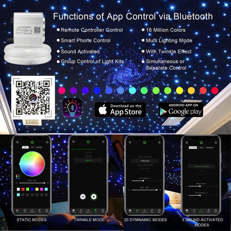 AKEPO Upgraded 16W Dual Head Twinkle Fiber Optic Lights Kit with 750pcs of Mixed Diameter Fibers 9.8ft/3m+Remote, Car Home Use RGBW Twinkle+APP Control+Music Activated Star Ceiling Sky Light - Image 2