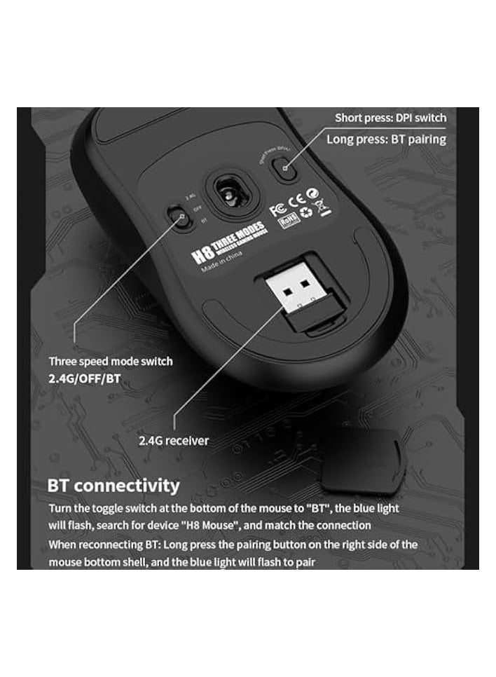 بروماس [1+1] ماوس ألعاب لاسلكي خفيف الوزن مطور، مع مجموعة واحدة من ملصقات الماوس المضادة للانزلاق/العرق، 12000 نقطة في البوصة (كحد أقصى)، 3 أوضاع اتصال مخصصة 2.4G+BT+سلكي، ماوس بمستشعر الأشعة تحت الحمراء فائق الحساسية (أبيض) - Image 3