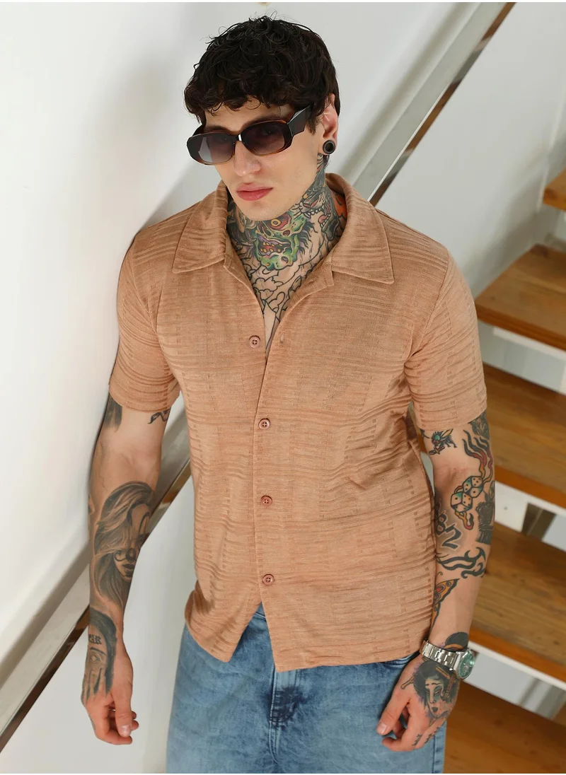 كامبوس سوترا Mens Light Brown Textured Button-Down Shirt
