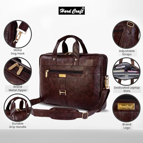 Hard Craft PU Leather Formal Office Sleeve Bag For 15.6 inch Laptop MacBook INoteBook Notepad Tablets Crossbody Briefcase Messenger Bag for Men Women With Detachable Shoulder Straps (Brown) - Image 2