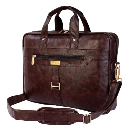 Hard Craft PU Leather Formal Office Sleeve Bag For 15.6 inch Laptop MacBook INoteBook Notepad Tablets Crossbody Briefcase Messenger Bag for Men Women With Detachable Shoulder Straps (Brown) - Image 1