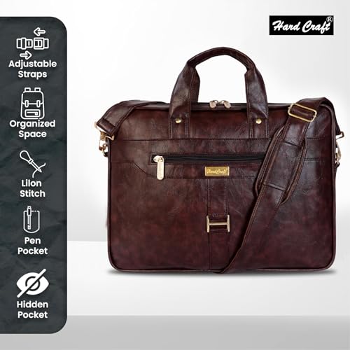 Hard Craft PU Leather Formal Office Sleeve Bag For 15.6 inch Laptop MacBook INoteBook Notepad Tablets Crossbody Briefcase Messenger Bag for Men Women With Detachable Shoulder Straps (Brown) - Image 3