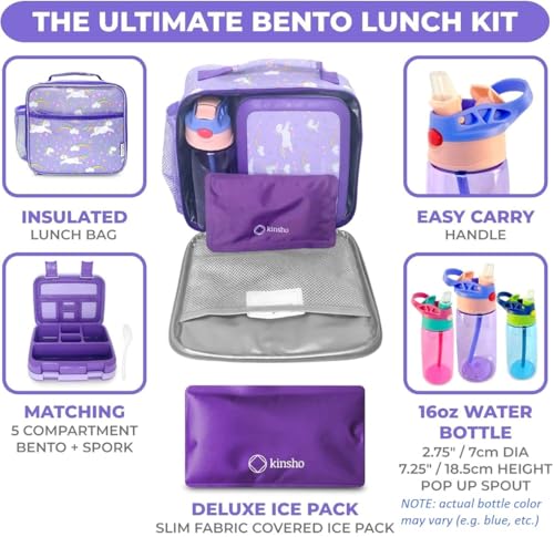 Kinsho Bento Box with Insulated Lunch Bag, Ice Pack & Water Bottle Set for Kids - 5 Compartments, Lunches or Snack Container Girls, Toddlers Daycare Pre-School, Kindergarten Purple Unicorn - Image 2
