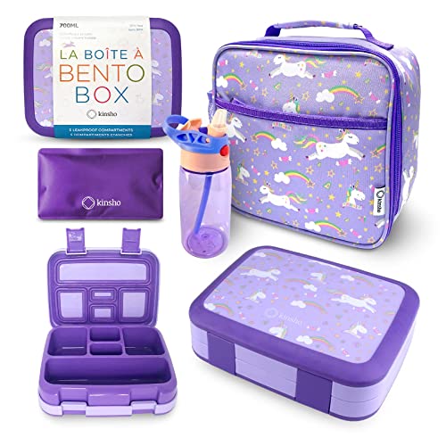 Kinsho Bento Box with Insulated Lunch Bag, Ice Pack & Water Bottle Set for Kids - 5 Compartments, Lunches or Snack Container Girls, Toddlers Daycare Pre-School, Kindergarten Purple Unicorn - Image 1
