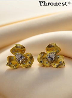 Thronest Elegant 18K Gold Flower Earrings with Diamond ，High Quality Fashion Jewelry for Women，Ramadan Earrings，Eid EarringsPerfect Gift for mother，Bride and wife  - Image 2