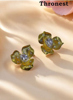 Thronest Elegant 18K Gold Flower Earrings with Diamond ，High Quality Fashion Jewelry for Women，Ramadan Earrings，Eid EarringsPerfect Gift for mother，Bride and wife  - Image 3