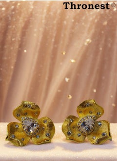 Thronest Elegant 18K Gold Flower Earrings with Diamond ，High Quality Fashion Jewelry for Women，Ramadan Earrings，Eid EarringsPerfect Gift for mother，Bride and wife  - Image 5
