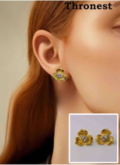 Thronest Elegant 18K Gold Flower Earrings with Diamond ，High Quality Fashion Jewelry for Women，Ramadan Earrings，Eid EarringsPerfect Gift for mother，Bride and wife  - Image 1