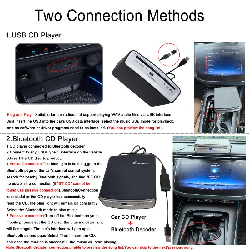 OAUW Portable CD Player for Car with Bluetooth and USB Connection,USB External Universal Cars CD Player for Car Audio Systems/TV/MacBook pro/Laptops Desktops/Bluetooth Speaker with Plug and Play - Image 3