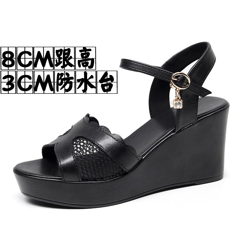 Open-Toe Wedge Mesh Sandals, Summer Mid-Heel Fashion Thick-Soled Beach Shoes, Comfortable Platform Mom Shoes, Large Size Sandals - Image 1