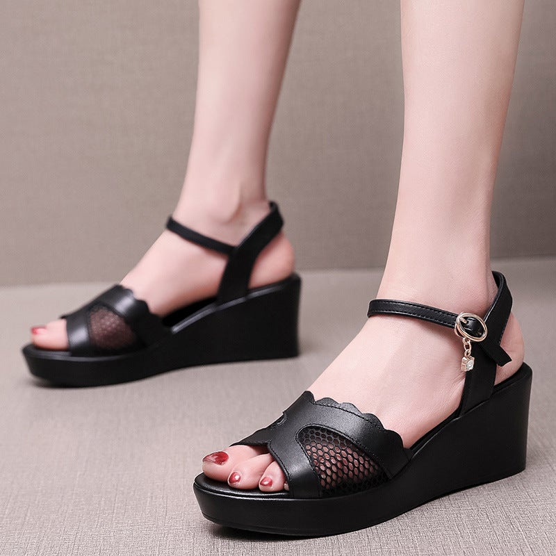 Open-Toe Wedge Mesh Sandals, Summer Mid-Heel Fashion Thick-Soled Beach Shoes, Comfortable Platform Mom Shoes, Large Size Sandals - Image 2