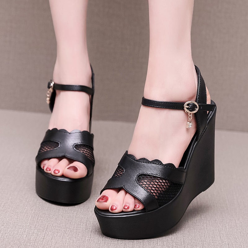 Open-Toe Wedge Mesh Sandals, Summer Mid-Heel Fashion Thick-Soled Beach Shoes, Comfortable Platform Mom Shoes, Large Size Sandals - Image 5