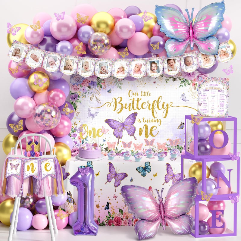 TREWAVE Butterfly First Birthday Decorations for Girl Pink Purple Butterfly 1st Birthday Party Decoration Supplies Include Balloon Arch Balloon Boxes Backdrop Tablecloth Birthday Hat - Image 1
