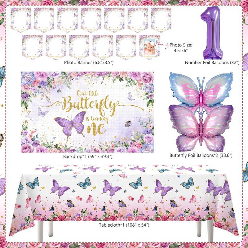 TREWAVE Butterfly First Birthday Decorations for Girl Pink Purple Butterfly 1st Birthday Party Decoration Supplies Include Balloon Arch Balloon Boxes Backdrop Tablecloth Birthday Hat - Image 3