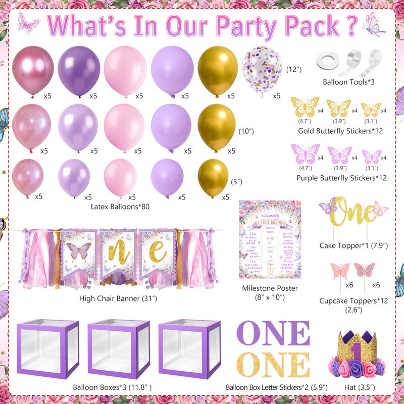 TREWAVE Butterfly First Birthday Decorations for Girl Pink Purple Butterfly 1st Birthday Party Decoration Supplies Include Balloon Arch Balloon Boxes Backdrop Tablecloth Birthday Hat - Image 2