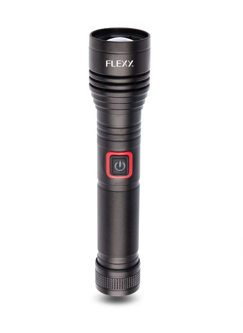 فليكسي مصباح يدوي FLEXY قابل لإعادة الشحن: مدى 600 متر، ليزر LED بقوة 20 وات، 500-600 لومن، بطارية 5000 مللي أمبير في الساعة، هيكل من الألومنيوم للطائرات، شحن من النوع C، LED مدى الحياة، ضمان لمدة عامين للأداء الموثوق.  - Image 1