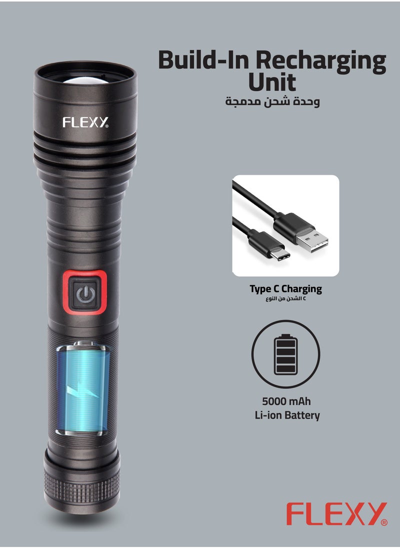 فليكسي مصباح يدوي FLEXY قابل لإعادة الشحن: مدى 600 متر، ليزر LED بقوة 20 وات، 500-600 لومن، بطارية 5000 مللي أمبير في الساعة، هيكل من الألومنيوم للطائرات، شحن من النوع C، LED مدى الحياة، ضمان لمدة عامين للأداء الموثوق.  - Image 3