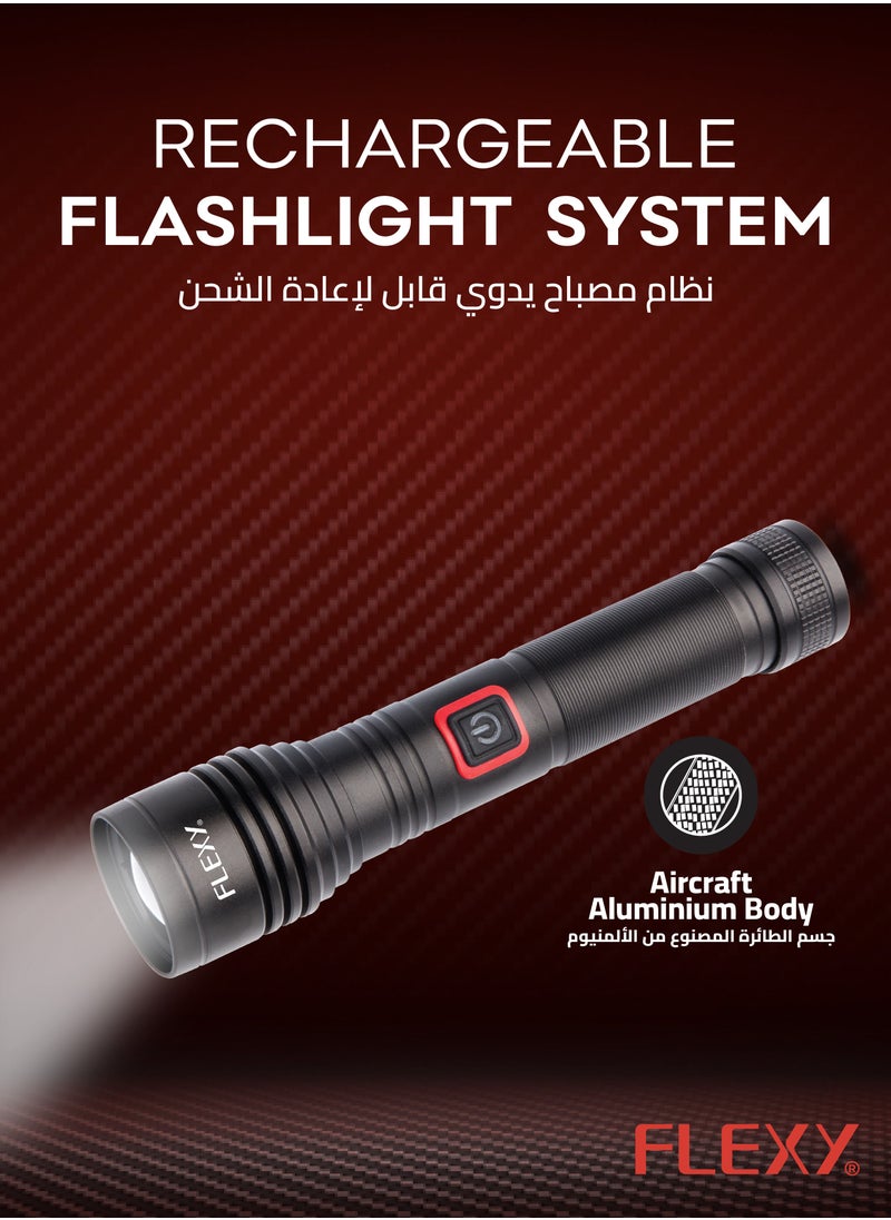 فليكسي مصباح يدوي FLEXY قابل لإعادة الشحن: مدى 600 متر، ليزر LED بقوة 20 وات، 500-600 لومن، بطارية 5000 مللي أمبير في الساعة، هيكل من الألومنيوم للطائرات، شحن من النوع C، LED مدى الحياة، ضمان لمدة عامين للأداء الموثوق.  - Image 4