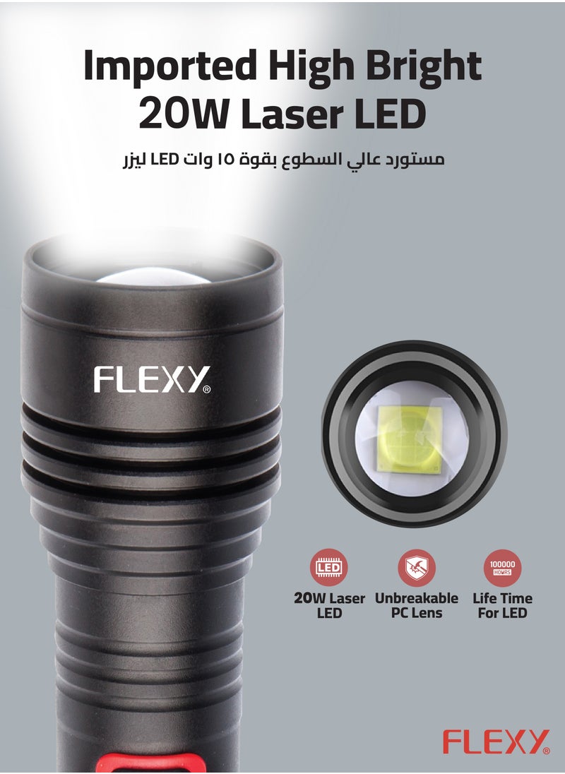 فليكسي مصباح يدوي FLEXY قابل لإعادة الشحن: مدى 600 متر، ليزر LED بقوة 20 وات، 500-600 لومن، بطارية 5000 مللي أمبير في الساعة، هيكل من الألومنيوم للطائرات، شحن من النوع C، LED مدى الحياة، ضمان لمدة عامين للأداء الموثوق.  - Image 5