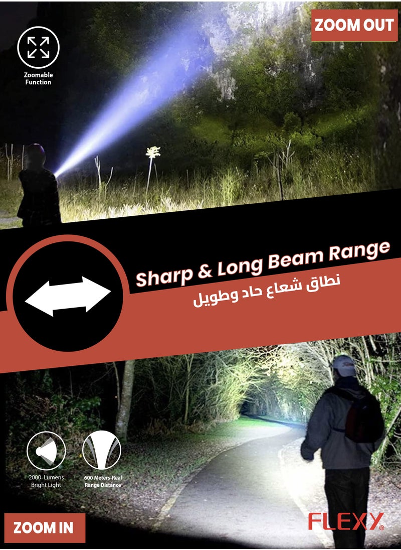 FLEXY Rechargeable Flashlight: 600m Range, 20W Laser LED, 500-600 Lumens, 5000mAh Battery, Aircraft Aluminum Build, Type-C Charging, Lifetime LED, 2-Year Warranty for Reliable Performance.