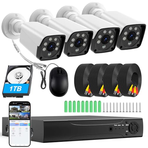 KTKTVE H265 Wired Security Camera DVR Kit System with AI Human Vehicle Detection 4x 1920P 5MP IP67 Metallic IndoorOutdoor Cameras IR Night Vision Remote Access 4K NVR 1TB HDD Included for 247 Recording - Image 1