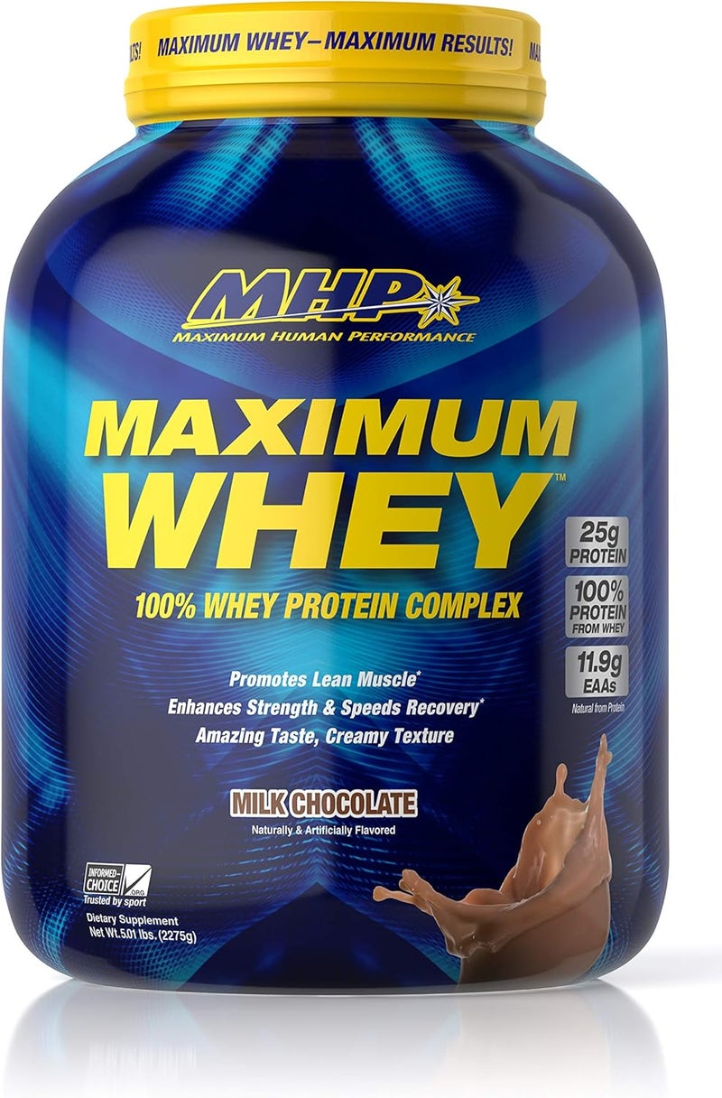 Maximum Human Performance Maximum Whey Protein 25g Fast Acting Delicious Tasting Protein Enhances Strength  Speeds Recovery Milk Chocolate 50 Servings 5 Pound Pack of 1