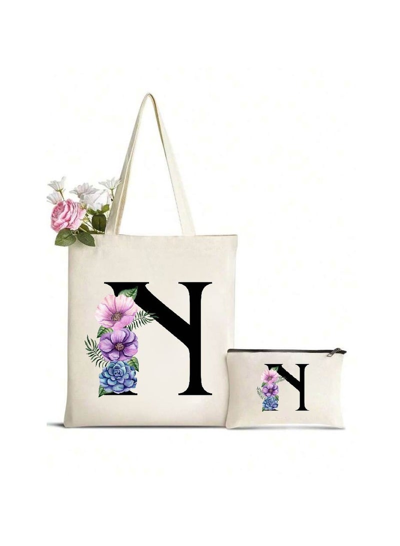 PRINTSHOP4ME Initial Monogrammed Canvas Tote Bag and Matching Makeup Bag Set - Thoughtful Gifts for Women, Teachers, College Students, Bridesmaids, Reusable Grocery Bags, Wedding, Holiday Shopping and Travel - Image 1