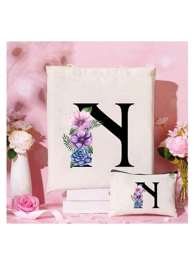 PRINTSHOP4ME Initial Monogrammed Canvas Tote Bag and Matching Makeup Bag Set - Thoughtful Gifts for Women, Teachers, College Students, Bridesmaids, Reusable Grocery Bags, Wedding, Holiday Shopping and Travel - Image 2