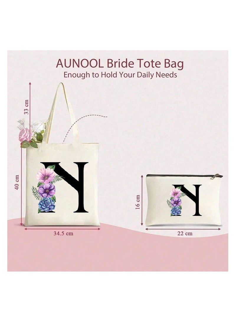 PRINTSHOP4ME Initial Monogrammed Canvas Tote Bag and Matching Makeup Bag Set - Thoughtful Gifts for Women, Teachers, College Students, Bridesmaids, Reusable Grocery Bags, Wedding, Holiday Shopping and Travel - Image 3