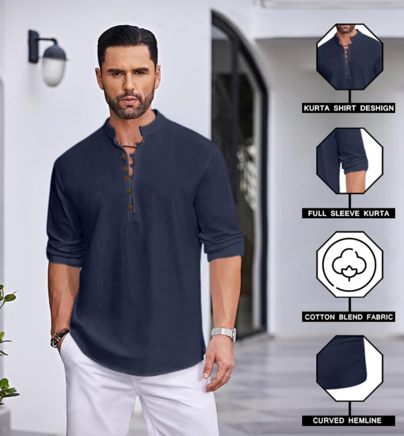 Macsivo Men's Stylish Mandarin Collar Kurta | Casual Ethnic Fusion Shirt for Daily, Party & Travel | Full Sleeves | Cotton Blend Comfort Fit Short Kurta Navy - Image 3