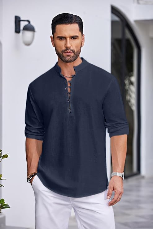 Macsivo Men's Stylish Mandarin Collar Kurta | Casual Ethnic Fusion Shirt for Daily, Party & Travel | Full Sleeves | Cotton Blend Comfort Fit Short Kurta Navy - Image 5