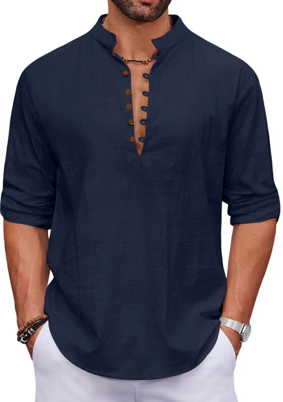 Macsivo Men's Stylish Mandarin Collar Kurta | Casual Ethnic Fusion Shirt for Daily, Party & Travel | Full Sleeves | Cotton Blend Comfort Fit Short Kurta Navy - Image 1
