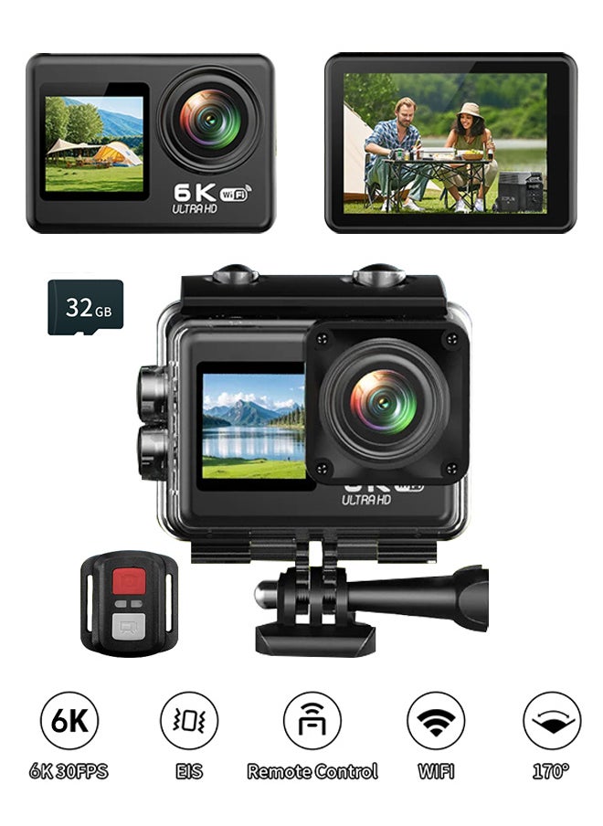 Generic New 6K Action camera, 170° ultra-wide angle, 30 meters waterproof 2.0+1.4 inch dual-color screen, with 32GB memory card, with remote control and accessories, WiFi interconnection EIS anti-shake and anti-vibration DV camera, VLOG, cycling, travel, car camera  - Image 1
