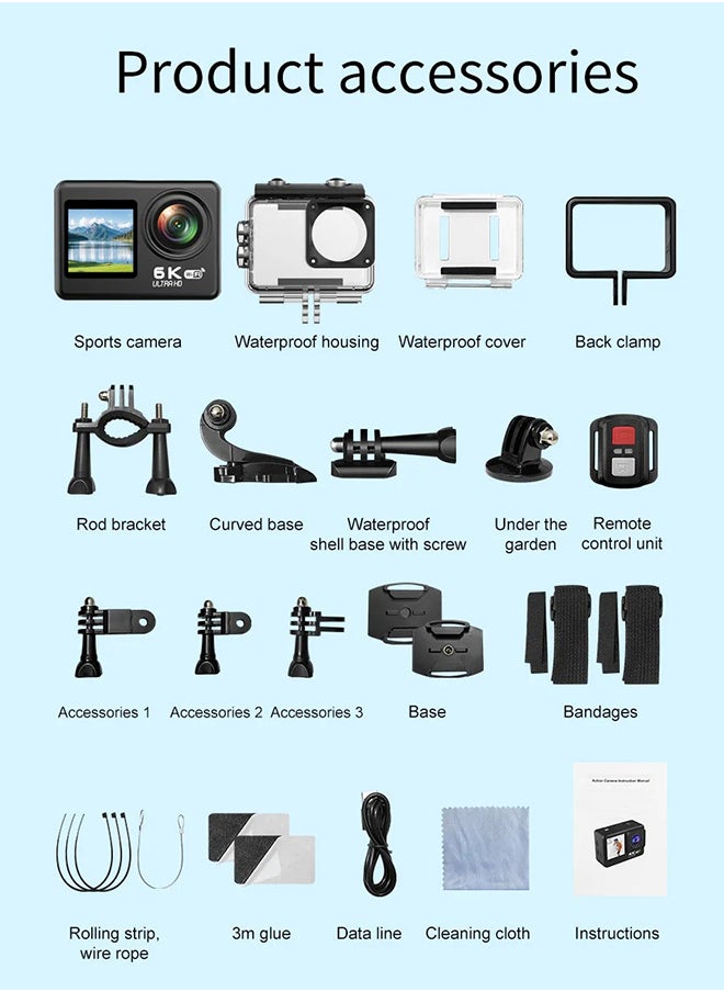 Generic New 6K Action camera, 170° ultra-wide angle, 30 meters waterproof 2.0+1.4 inch dual-color screen, with 32GB memory card, with remote control and accessories, WiFi interconnection EIS anti-shake and anti-vibration DV camera, VLOG, cycling, travel, car camera  - Image 2